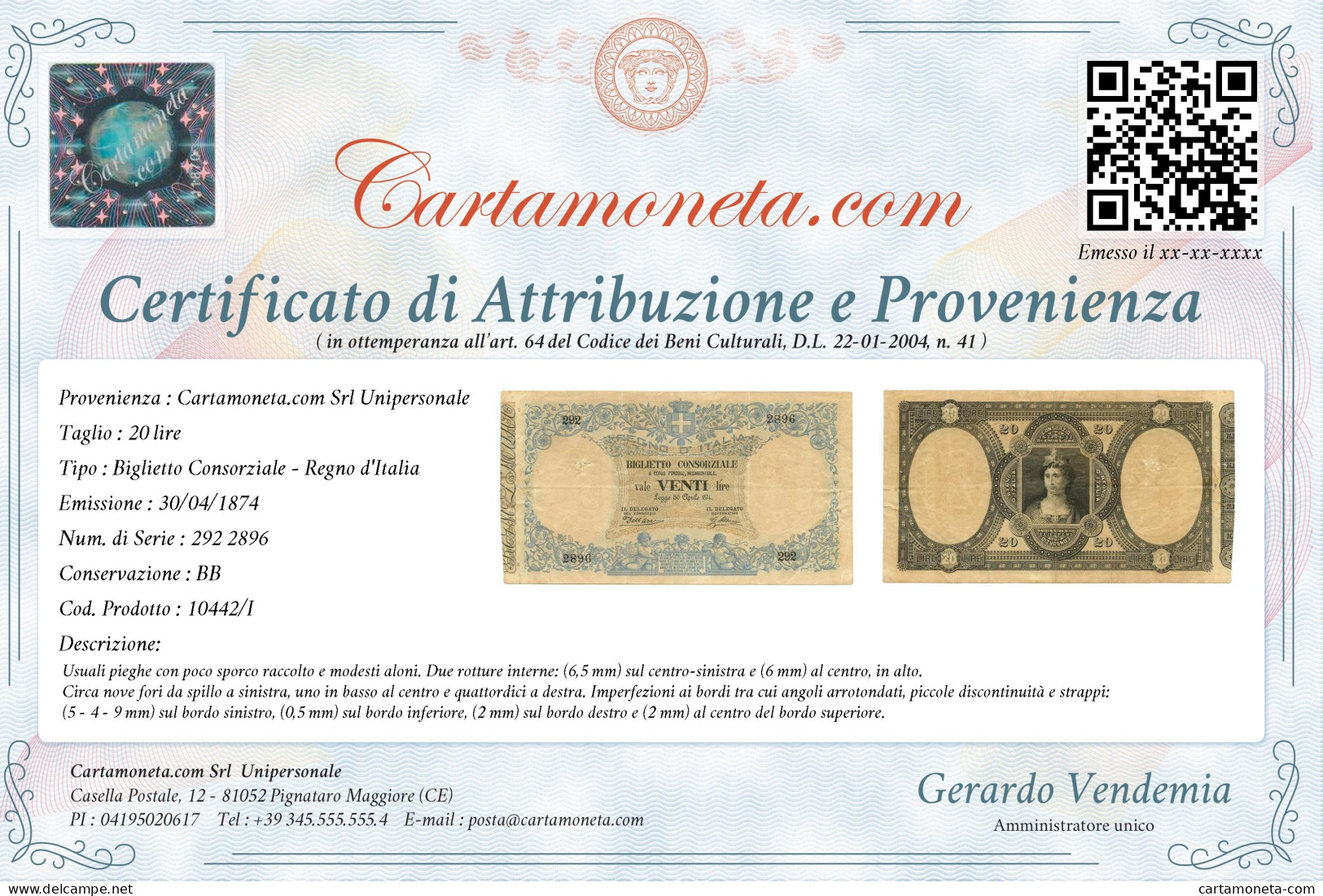 20 LIRE BIGLIETTO CONSORZIALE REGNO D'ITALIA 30/04/1874 BB - Biglietti Consorziale