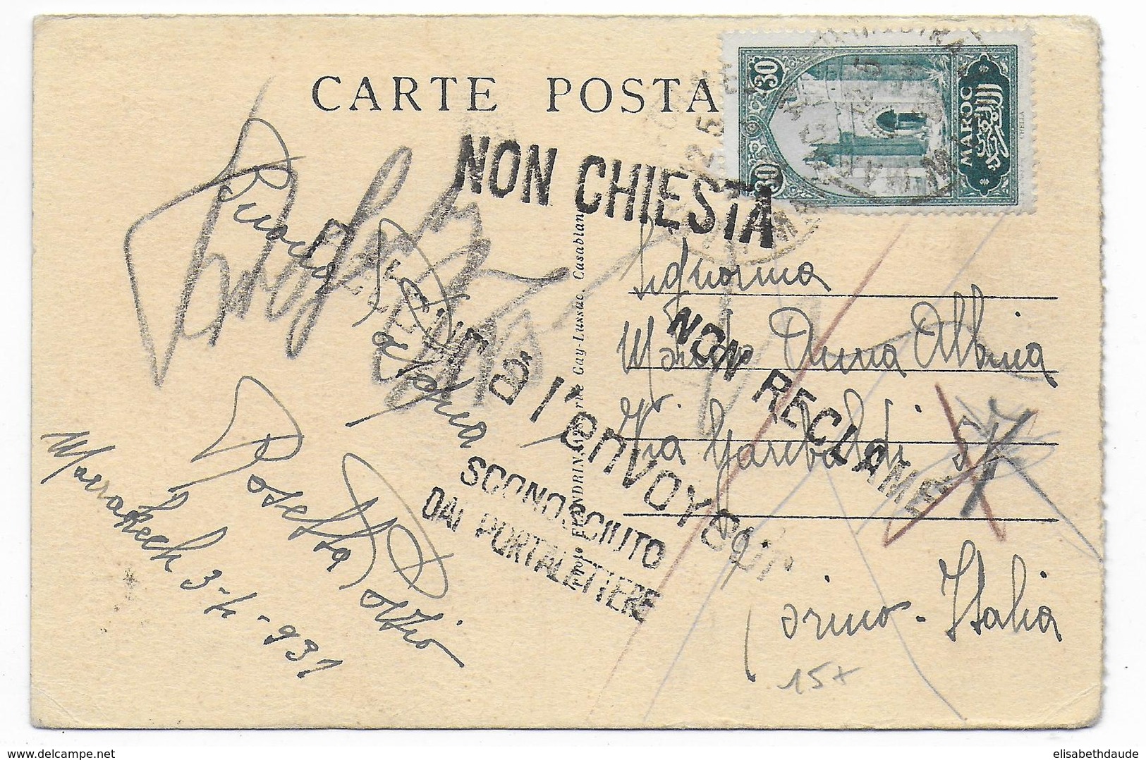 MAROC - 1931 - CARTE De MARRAKECH Avec MULTIPLE MARQUES Pour RETOUR ! => TORINO (ITALIA) - Lettres & Documents