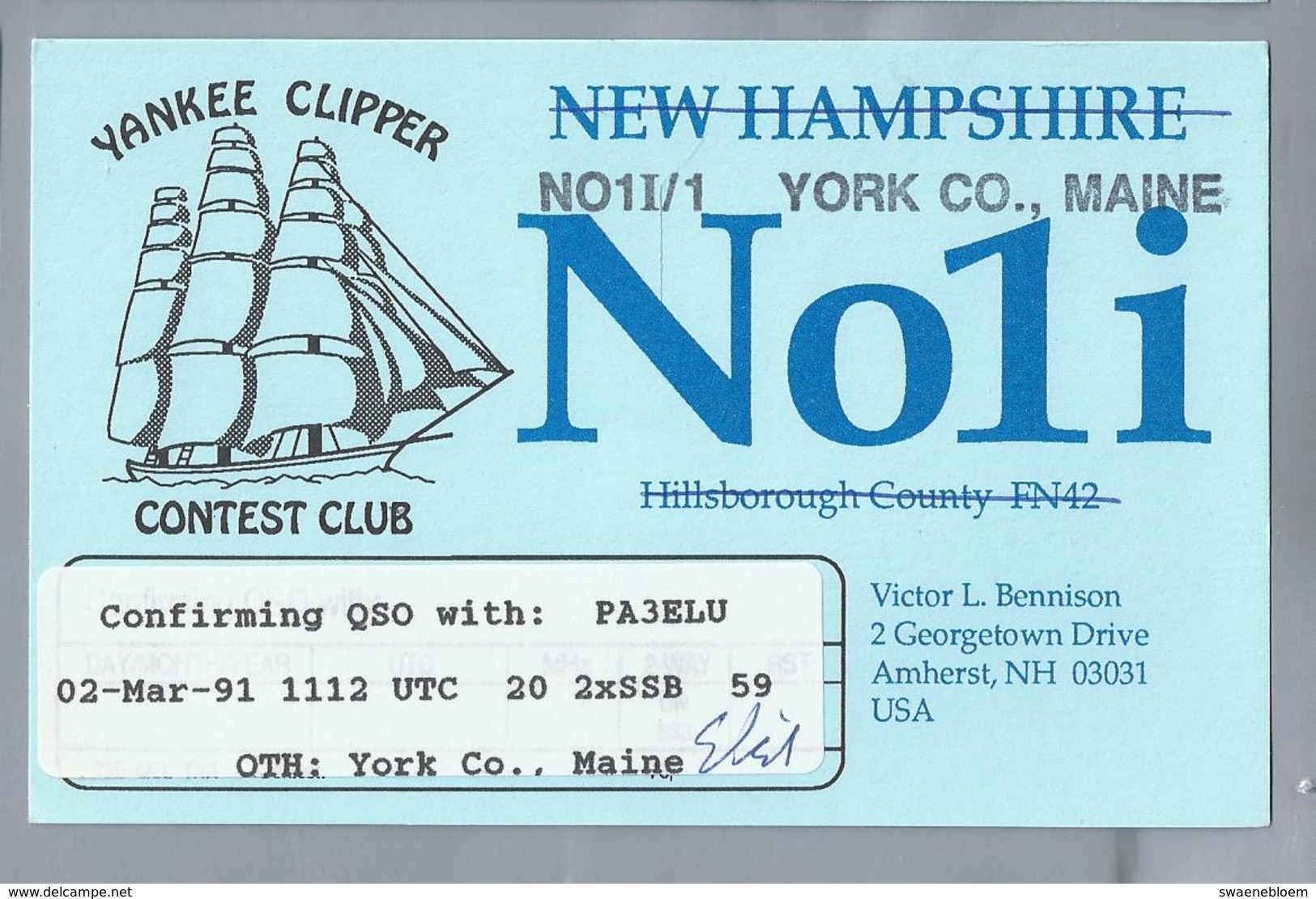 US.- QSL KAART. CARD . No1i. YORK CO., MAINE. VICTOR L. BENNISON, AMHERST, NH. USA. YANKEE CLIPPER. CONTEST CLUB - Radio-amateur