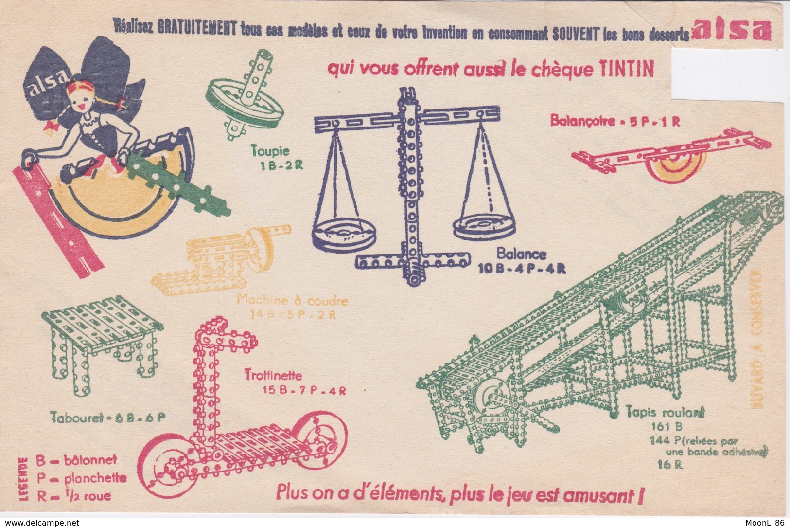 Buvard  ALSA - Les Bons Desserts Vous Offre Le Chèque Tintin (1 Point) J - Jeux & Jouets - Mécano à Bâtonnet - Sucreries & Gâteaux