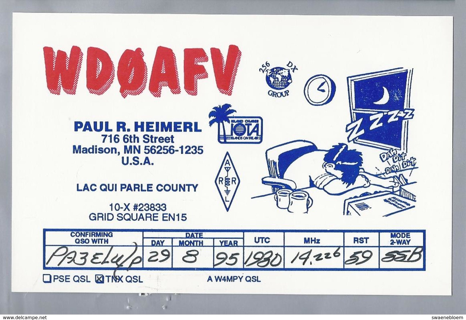 US.- QSL KAART. CARD. WD0AFV. PAUL R. HEIMERL, MADISON, MN. USA. LAC QUI PARLE COUNTY. ARRL. DX GROUP. - Radio-amateur