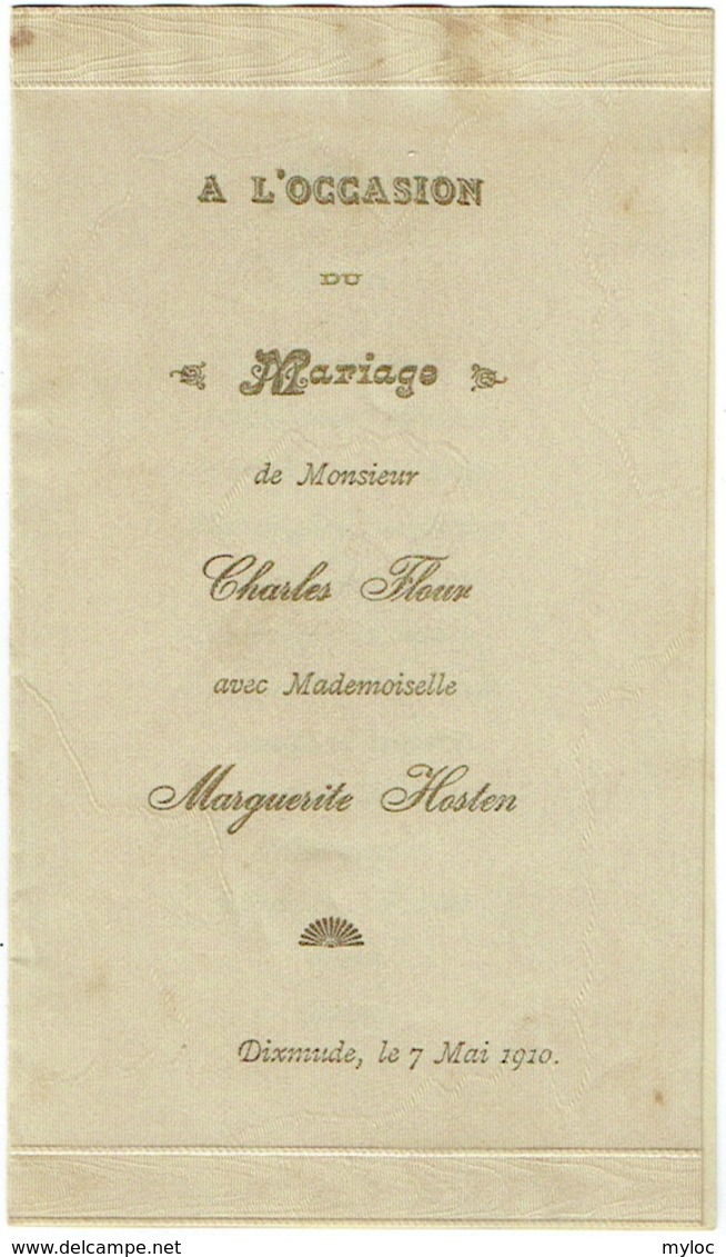 Menu. Dixmude. 1910. Mariage Charles Flour Et Marguerite Hosten. - Menus