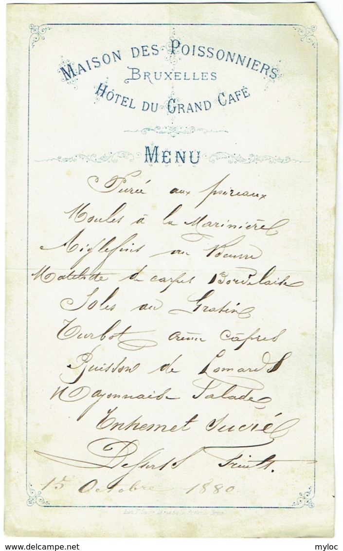 Menu. Maison Des Poissonniers, Bruxelles. Hôtel Du Grand Café. 1880. Purée De Poireaux.... - Menus