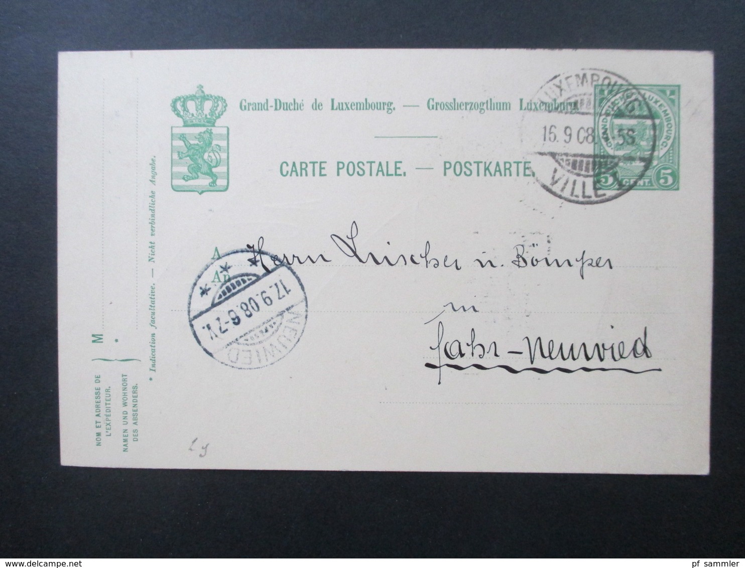 Luxemburg 1908 GA Rücks. Stempel Ra4 N. Klees-Kneip Mohrenapotheke Luxemburg Grossstrasse Nach Neuwied - Ganzsachen