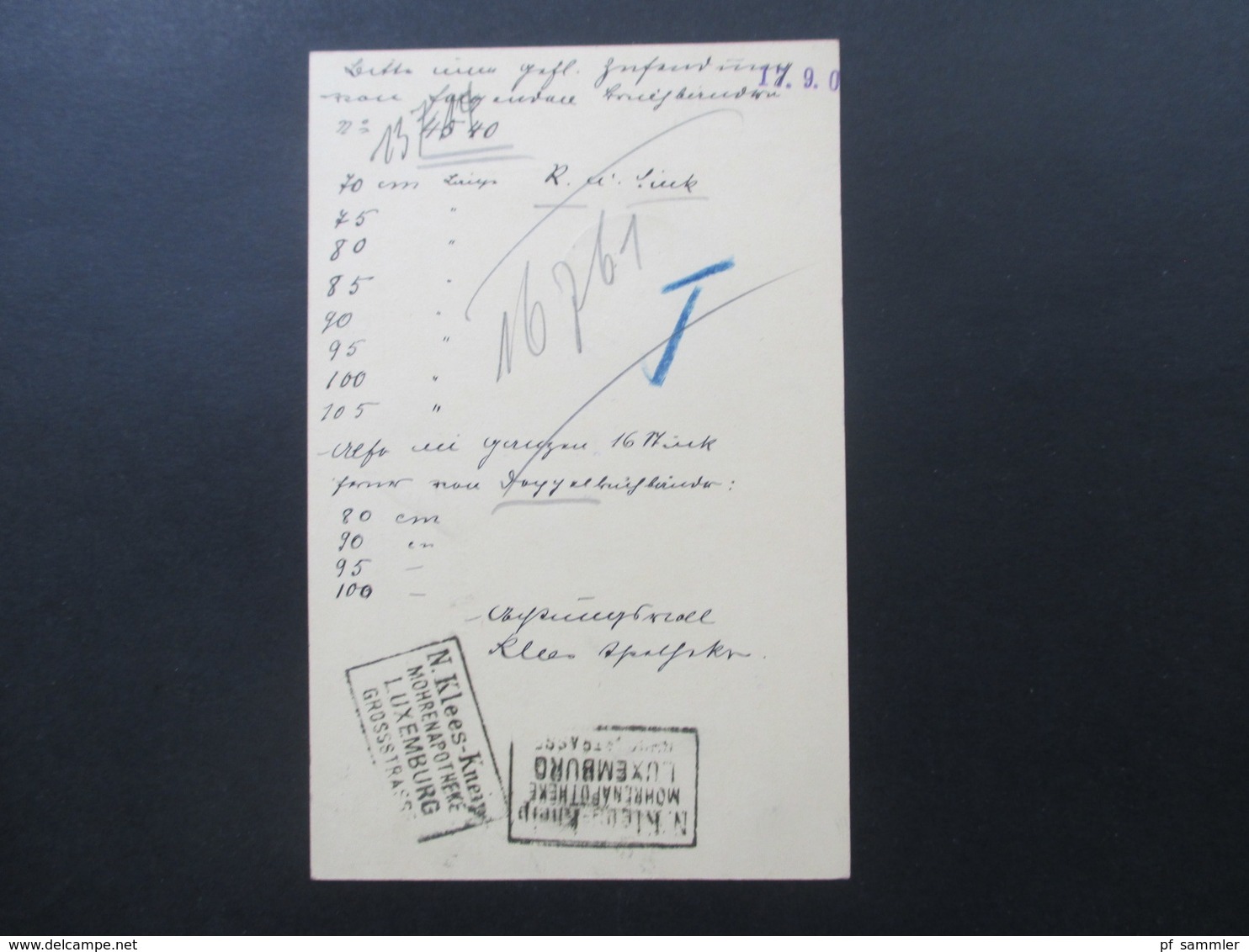 Luxemburg 1908 GA Rücks. Stempel Ra4 N. Klees-Kneip Mohrenapotheke Luxemburg Grossstrasse Nach Neuwied - Entiers Postaux