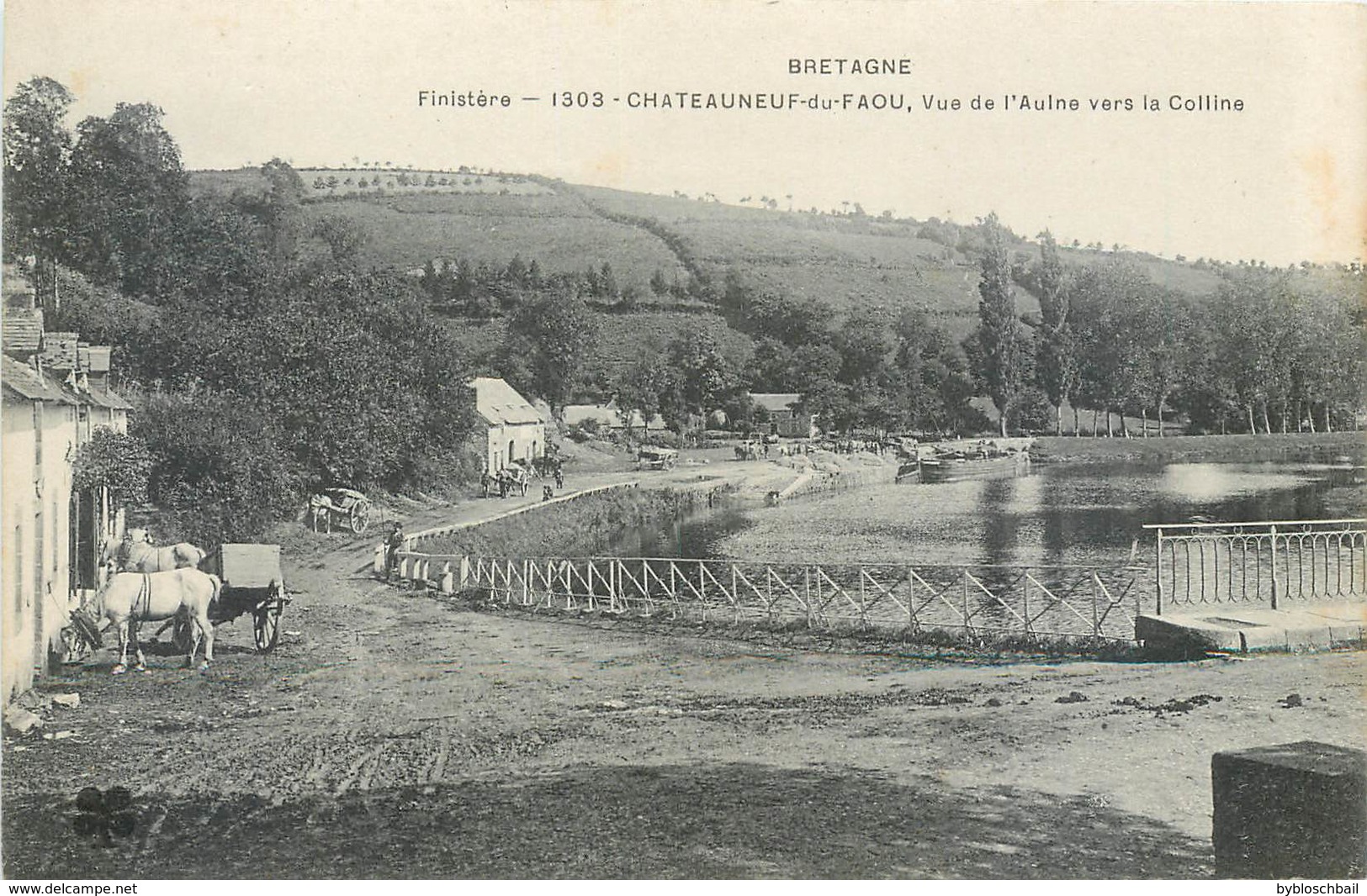 CPA 29 Finistère Châteauneuf-du-Faou Vue De L'Aulne Vers La Colline - Attelage - Cheval - Châteauneuf-du-Faou