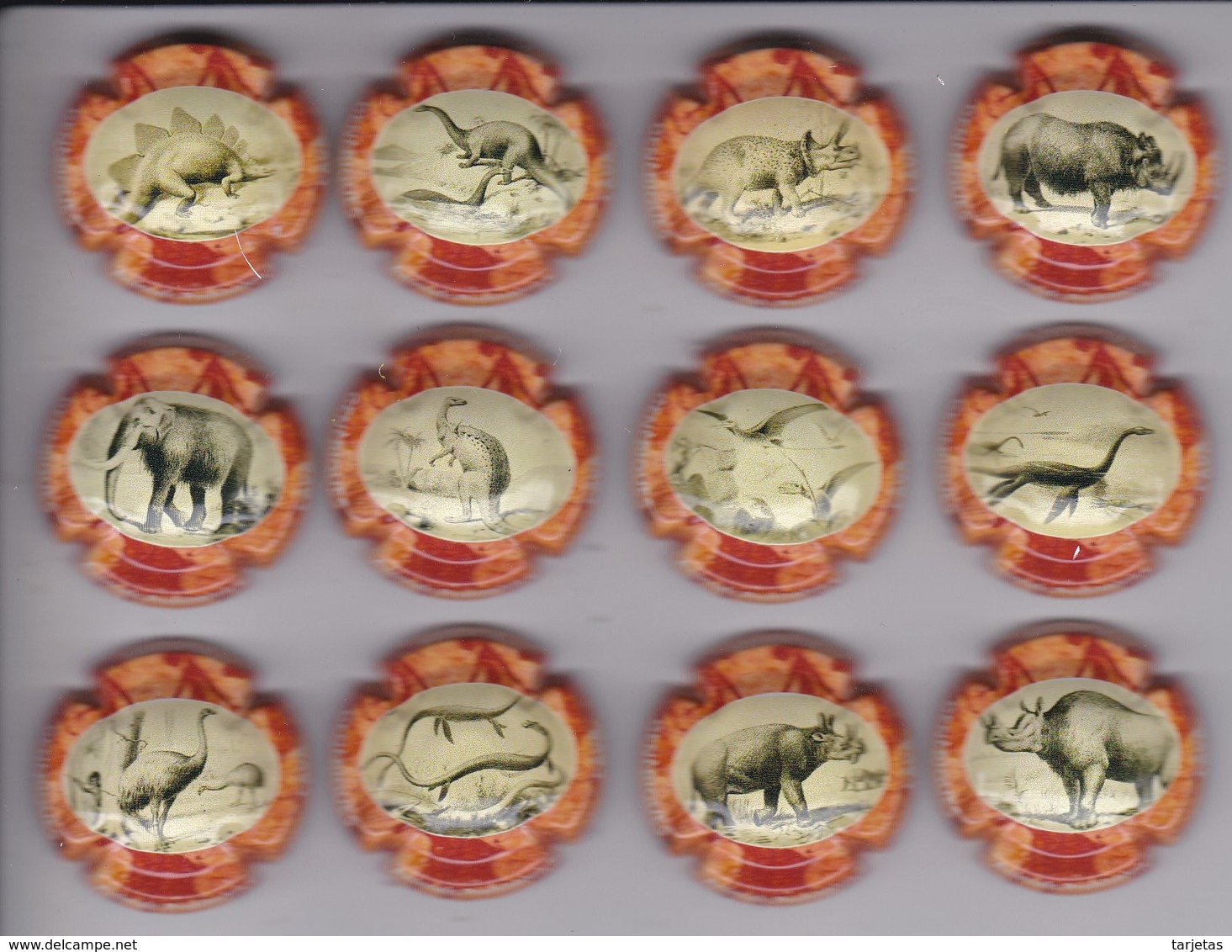 SERIE COMPLETA DE 12 PLACAS DE CAVA DE ANIMALES PREHISTORICOS (CAPSULE) DINOSAURIO - Placas De Cava