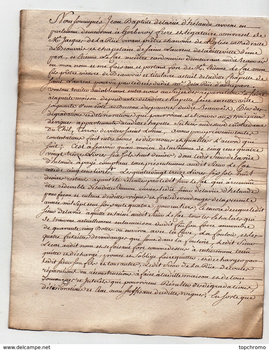 Correspondance lettre acte Beauvais Morel procureur baillage Paroisse Curé Le Blanc Lecat (1766) une vingtaine de docume