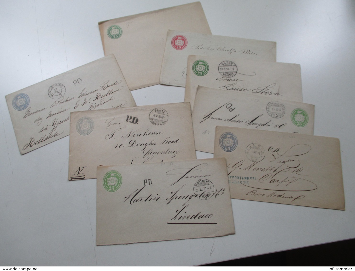 Schweiz Ab 1870 Brieftaube GA Umschläge 8 GA Einige PD Stempel Und Ins Ausland! Schöne Stempel! Wappen - Enteros Postales