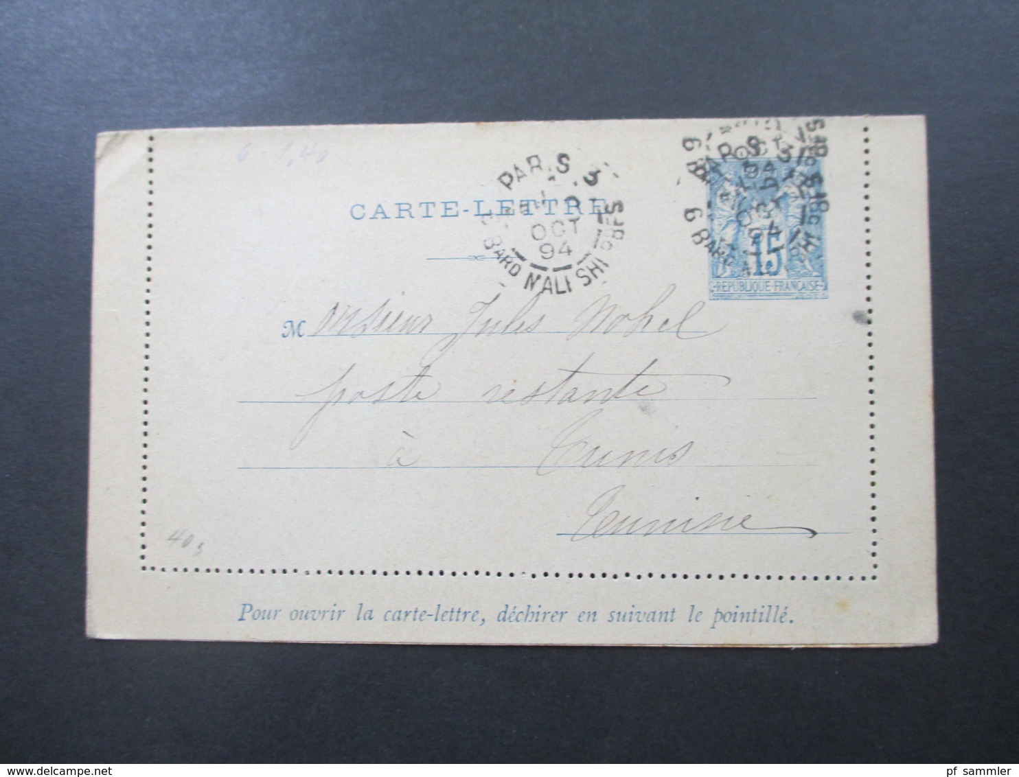 Frankreich 1894 Kartenbrief Poste Restante Ship Letter ?! Nach Tunis - Tarjetas Cartas