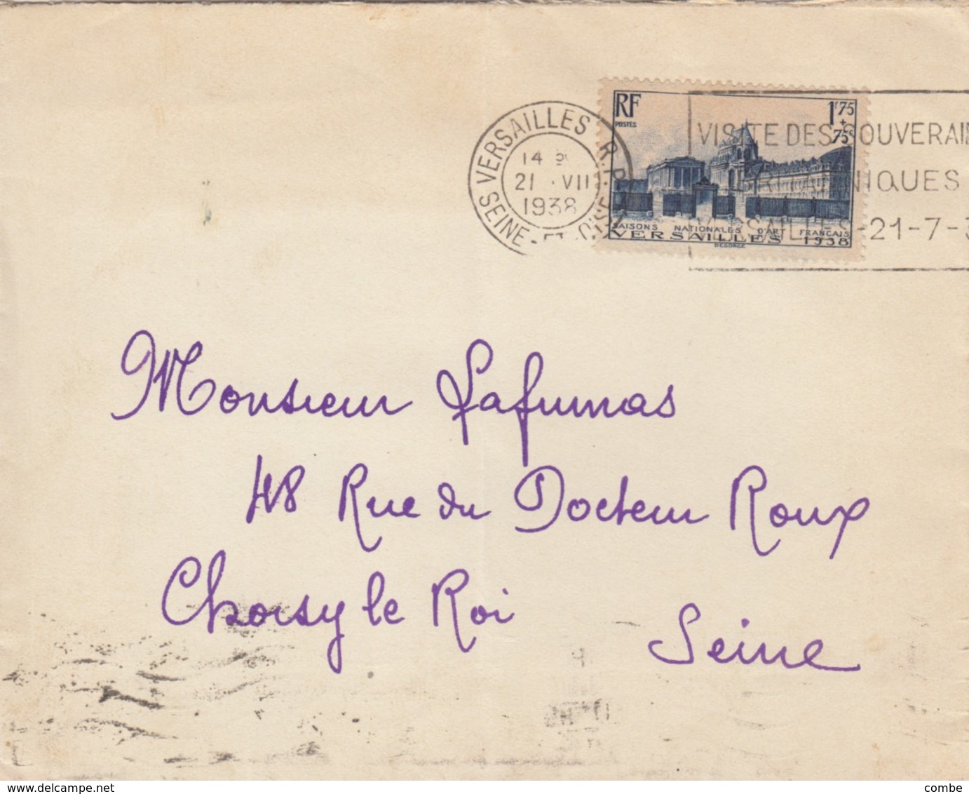 LETTRE. N° 379 SEUL SUR LETTRE. 21 8 38. VERSAILLES POUR CHOSY LE ROI - 1921-1960: Periodo Moderno