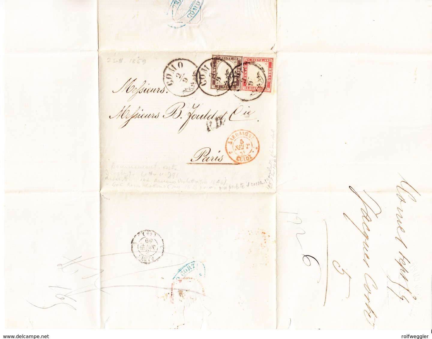 1859 10 Und 40 Cents; Sassone:14Ab Und 16B Auf Faltbrief Aus Como Nach Paris (Kat. Euro 3000.-) - Sardinia