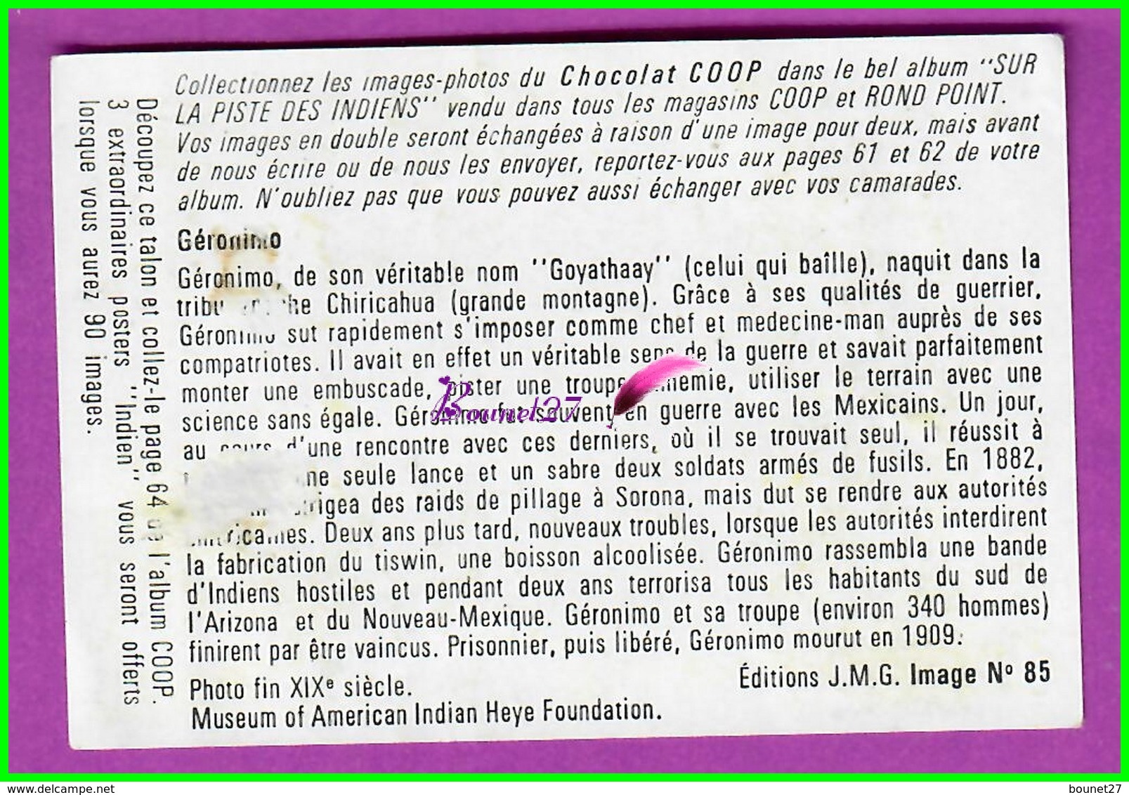 Image Chromo " CHOCOLAT COOP " Série Sur La Piste Des Indiens N° 85 - Sonstige & Ohne Zuordnung