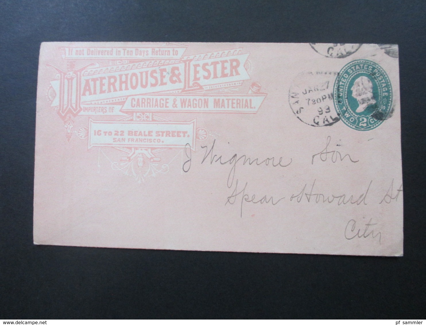 USA 1899 GA Umschlag Mit Privatem Firmendruck Waterhouse & Lester Carriage & Wagon Material San Francisco - Storia Postale