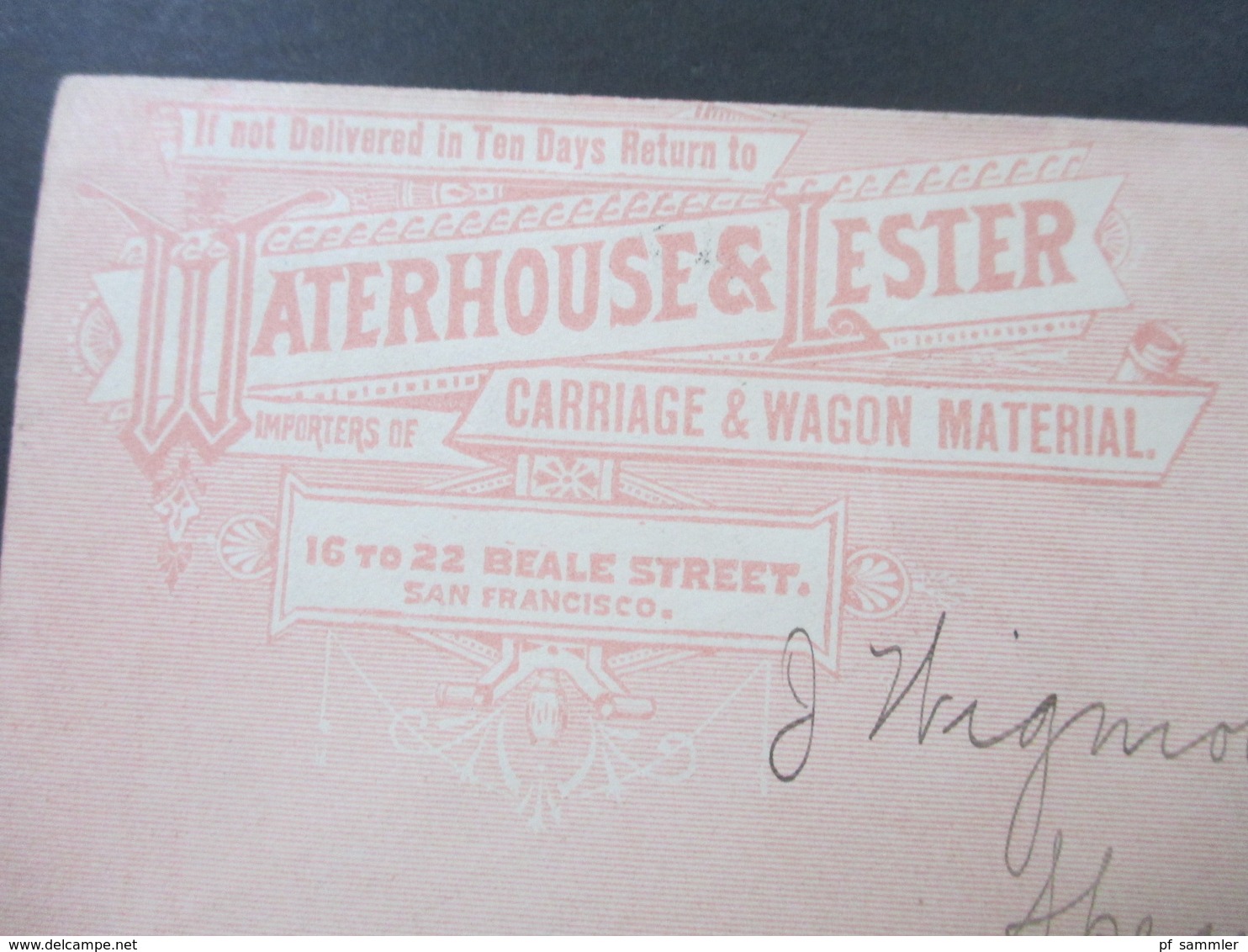 USA 1899 GA Umschlag Mit Privatem Firmendruck Waterhouse & Lester Carriage & Wagon Material San Francisco - Briefe U. Dokumente