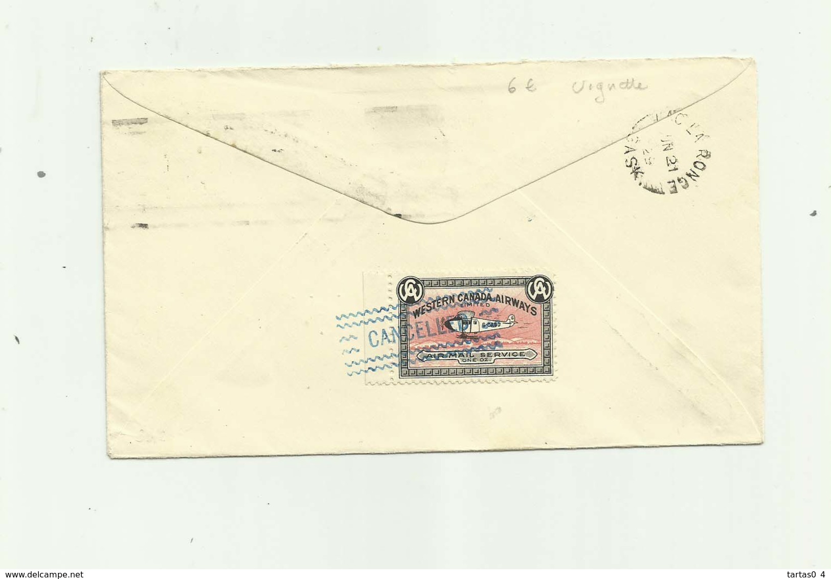 CANADA - Lettre 2c Vert Cachet Western Canada Airways Limited Vignette Dos - Lettres & Documents