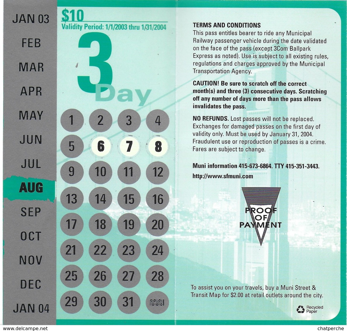 BILLET TICKET PASSEPORT PASSPORT  3 DAY  3 JOURS AOÛT 2003 LOT DE 2 SAN FRANCISCO MUNICIPAL RAILWAY USA ETATS-UNIS - Monde