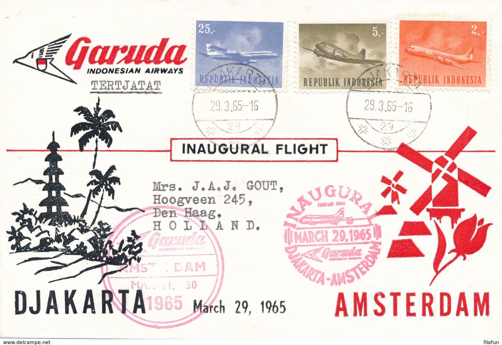 Indonesia / Nederland - 1965 - Garuda First Flight Djakarta - Amsterdam Met Vliegtuig Zegels - Luftpost