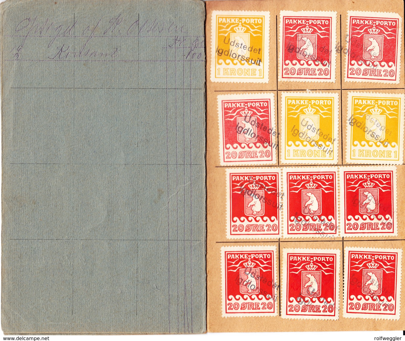1927 Saving Booklet Typ 1 Dark Grey; STempel: Udstedet Igdlorssuit 18x20 Öre(Thiele, Red) + 3x 1 Kr. ( Lachmann) - Paketmarken