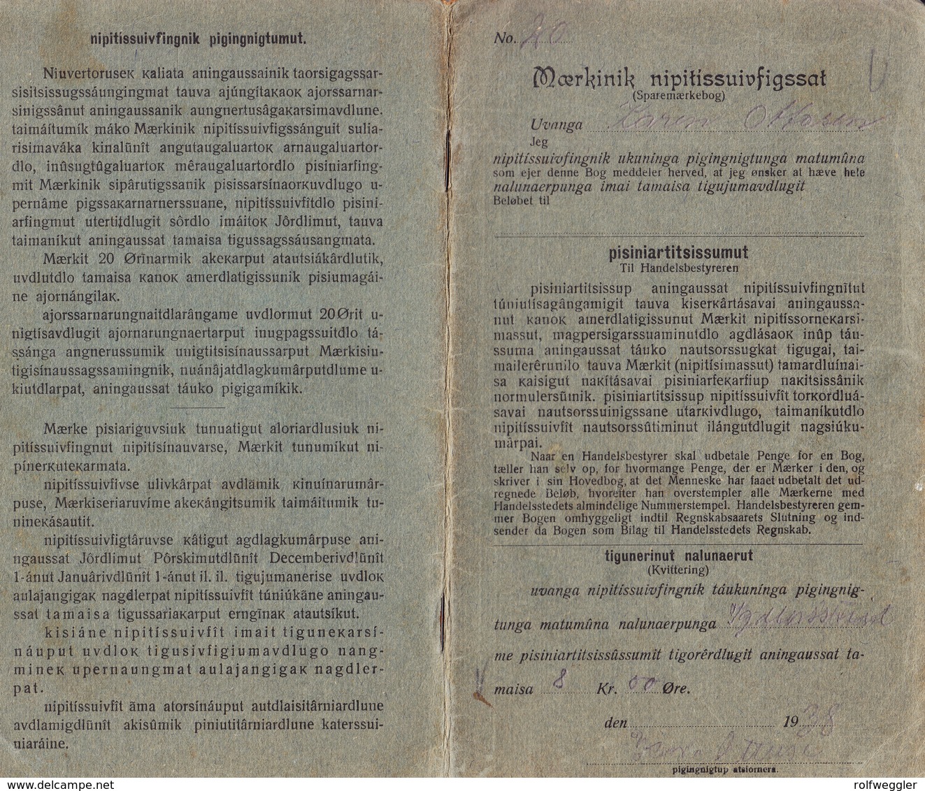 1927 Saving Booklet Typ 1 Dark Grey; STempel: Udstedet Igdlorssuit 18x20 Öre(Thiele, Red) + 3x 1 Kr. ( Lachmann) - Parcel Post