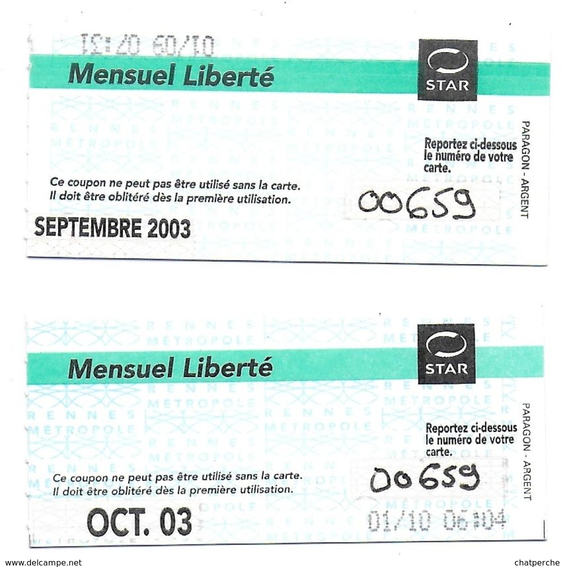 BILLET TICKET LOT DE 2  MENSUEL LIBERTÉ  SEPTEMBRE ET OCTOBRE 2003 STAR TRANSPORTS DE RENNES 35 ILLE ET VILAINE - Europe