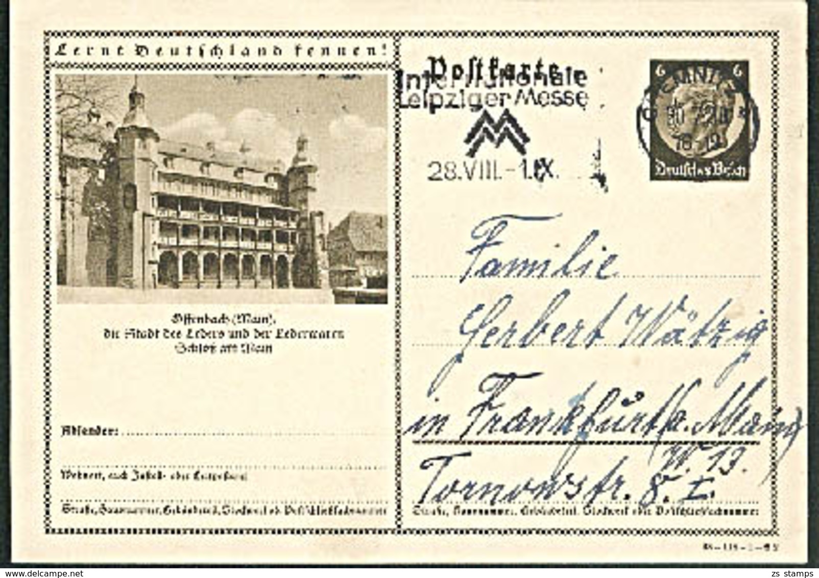 Offenbach (Main) Bildpostkarte Schloss, Stadt Des Leders Lederwaren, MWSt. Chemnitz Int. Leipziger Messe 1938 - Sonstige & Ohne Zuordnung