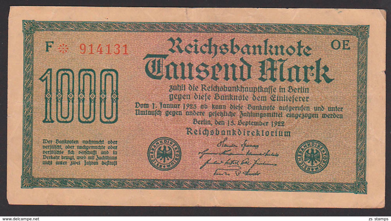 Deutsches Reich, Reichsbanknote 1 Tausend Mark, Ausgabe 15. September 1922, Serie OE - 1000 Mark