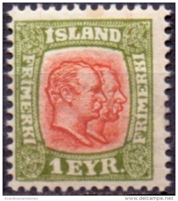 IJSLAND 1907-08 1eyr Twee Koningen Roodgroen WM Kroon PF-MNH - Neufs