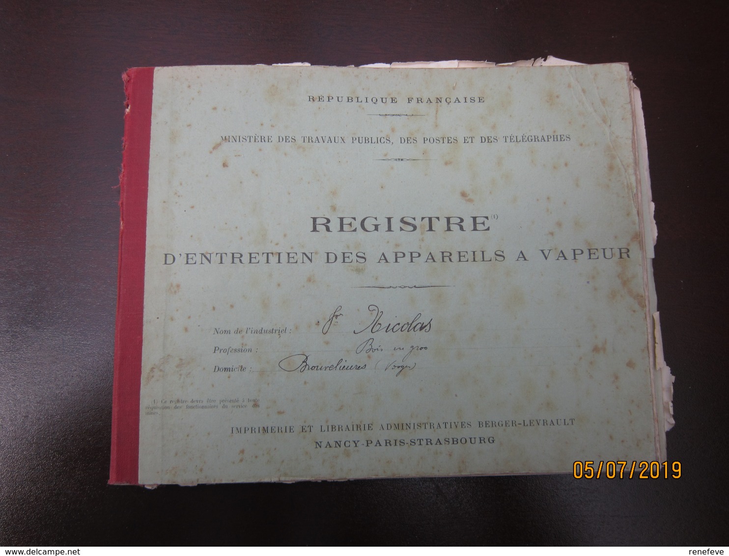 Registre D'entretien Des Appareils à Vapeur Locomobile   Société Des établissements Weyher Et Richemon  ----- 19 Meni - 1900 – 1949