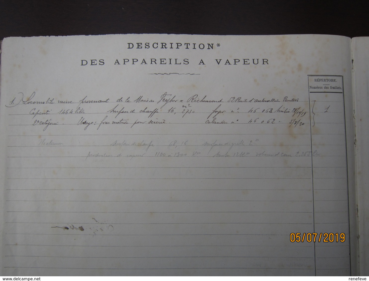 Registre D'entretien Des Appareils à Vapeur Locomobile   Société Des établissements Weyher Et Richemon  ----- 19 Meni - 1900 – 1949