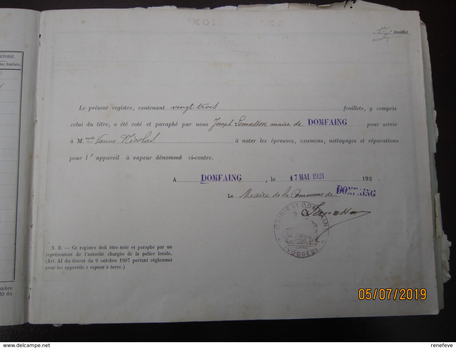 Registre D'entretien Des Appareils à Vapeur Locomobile   Société Des établissements Weyher Et Richemon  ----- 19 Meni - 1900 – 1949