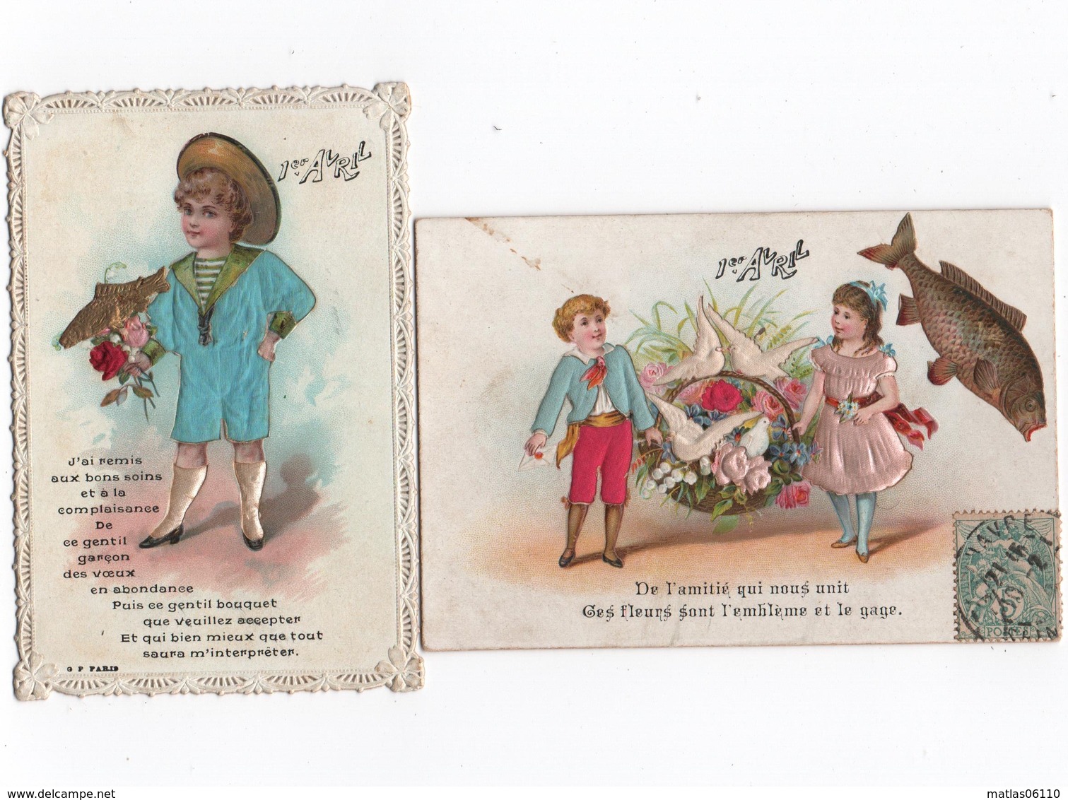 Cartes Fantaises -x 2 - Enfants, 1er Avril -  Tissus En Relief  -  Format 11-111/2  X 7 - 8  Cms  -  Voir Scans - April Fool's Day