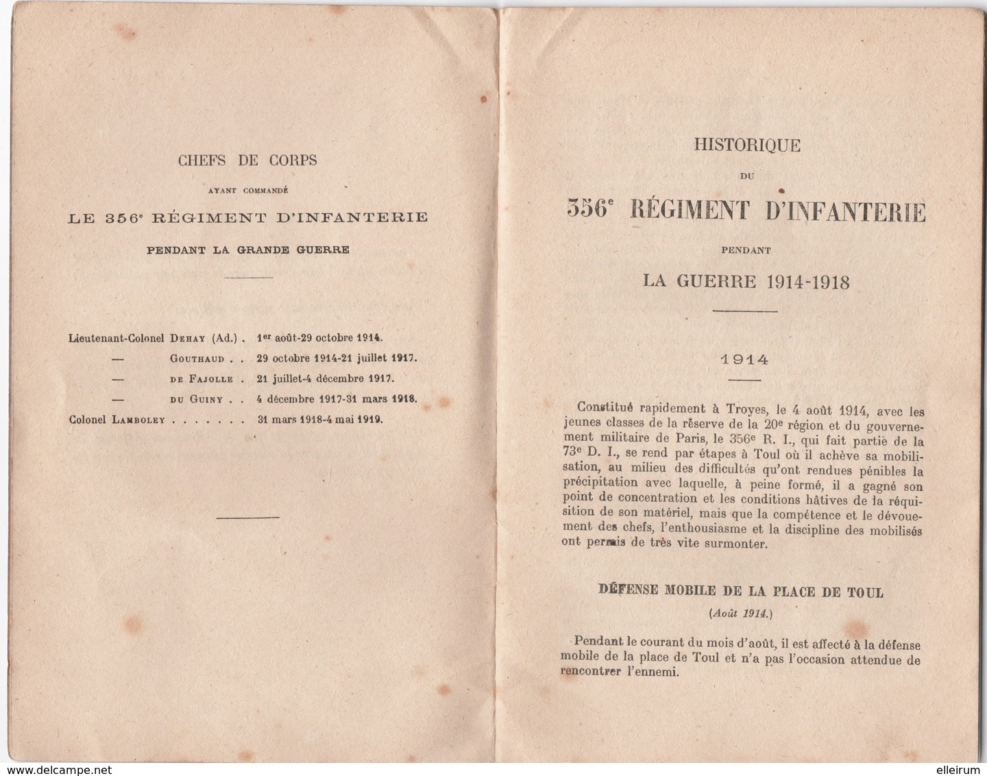 MILITARIA. LIVRET. HISTORIQUE Du 356ème REGIMENT D'INFANTERIE PENDANT La GUERRE De 14-18. - Français