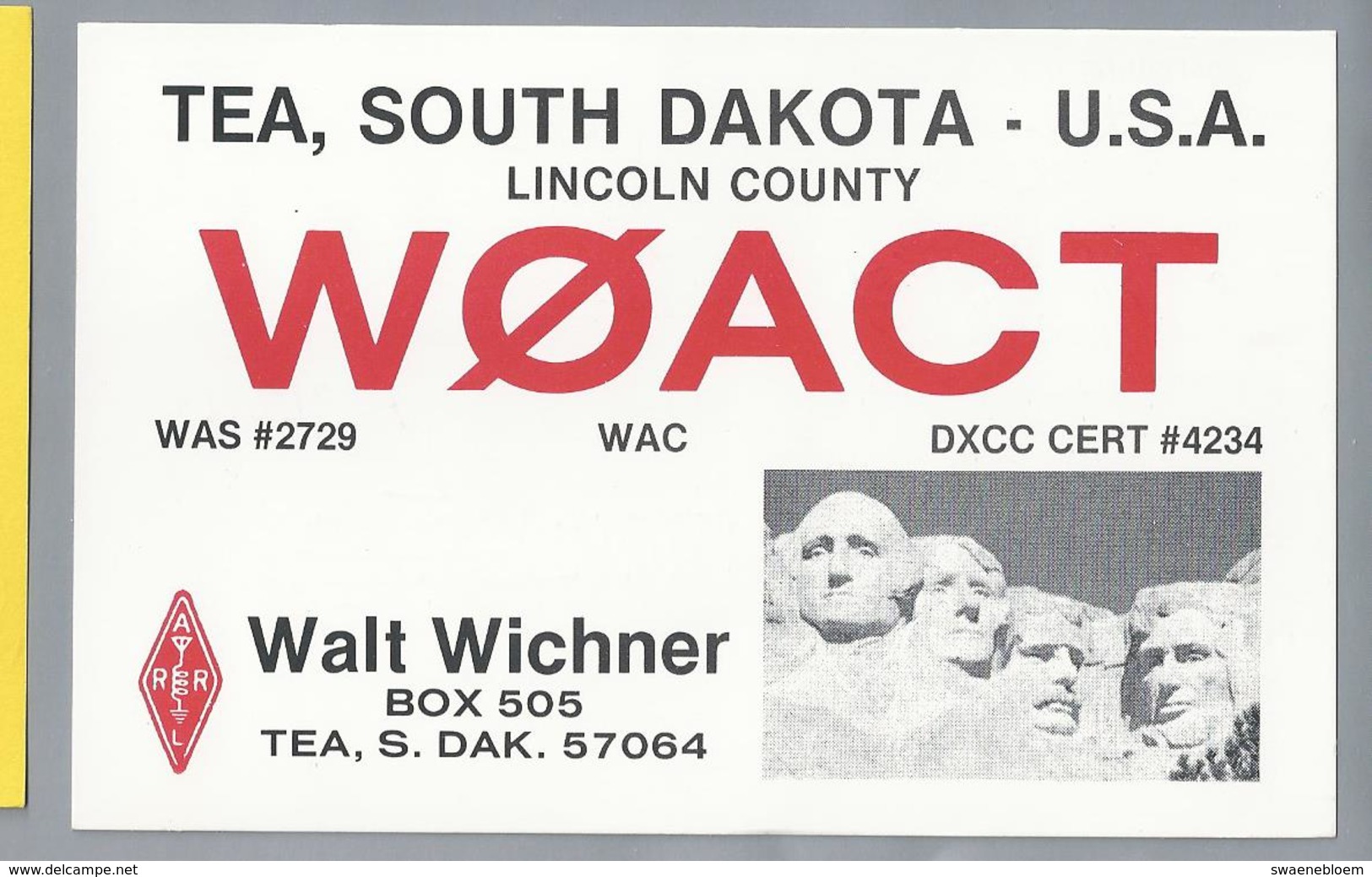 US.- QSL KAART. CARD. . WOACT. Walt Wichner, TEA, SOUTH DAKOTA.  ARRL. U.S.A. - Radio-amateur