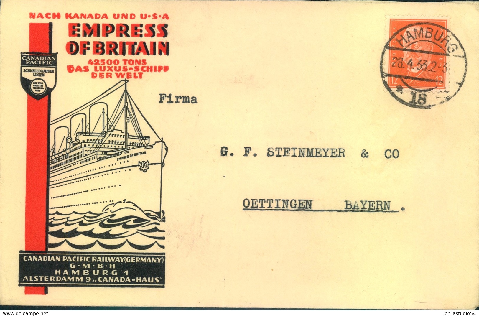 1933, Envelope Advertising "EMPRESS OF BRITAIN" For "Canadian Pacific Railway Germany" - Maritime