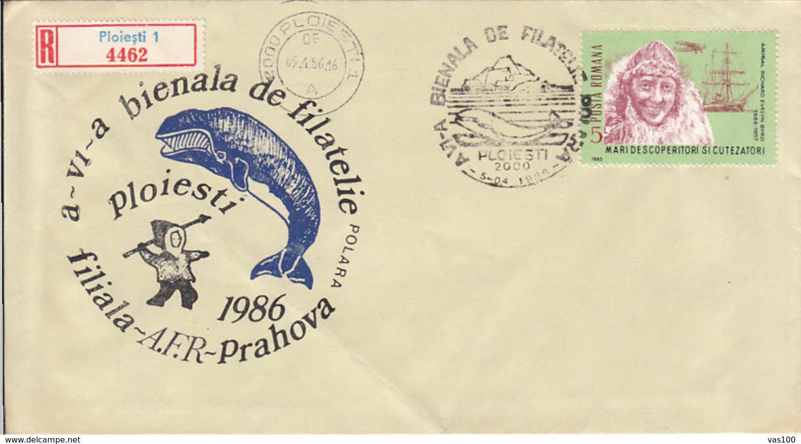 POLAR PHILATELY, PHILATELIC EXHIBITION, WHALE, ESKIMO, REGISTERED SPECIAL COVER, 1986, ROMANIA - Events & Commemorations