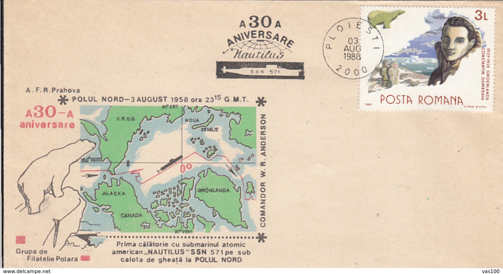 POLAR PHILATELY, NAUTILUS SUBMARINE'S FIRST ARCTIC EXPEDITION, SPECIAL COVER, 1988, ROMANIA - Other Means Of Transport