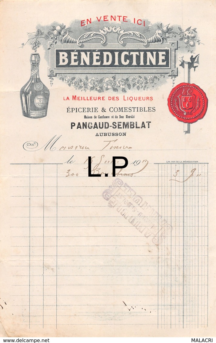 29-0611    1913 EPICERIE ET COMESTIBLES BENEDICTINE A AUBUSSON - 1900 – 1949