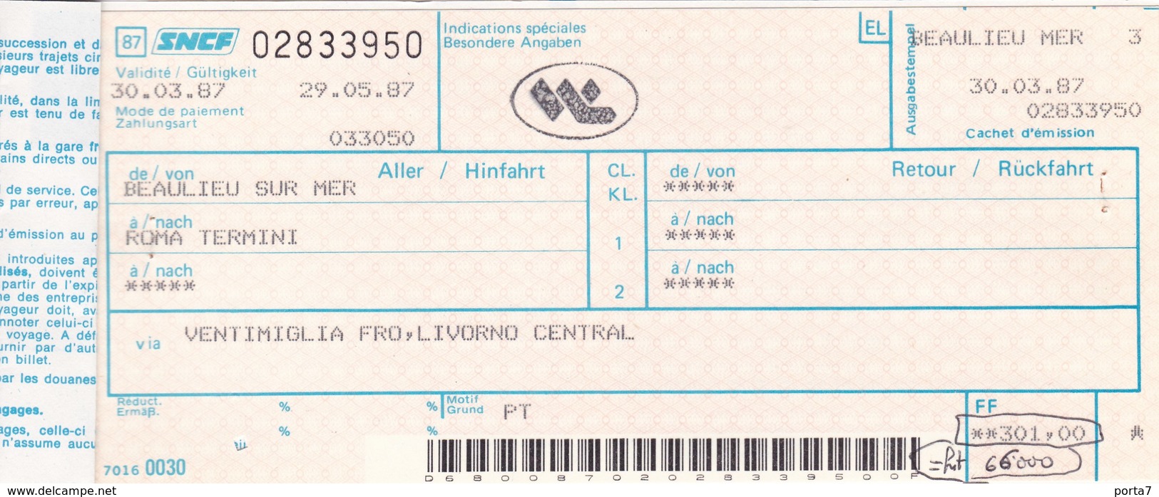 BIGLIETTO TRENO SNCF WL - BEAULIEU ROMA - 1987 - Europa