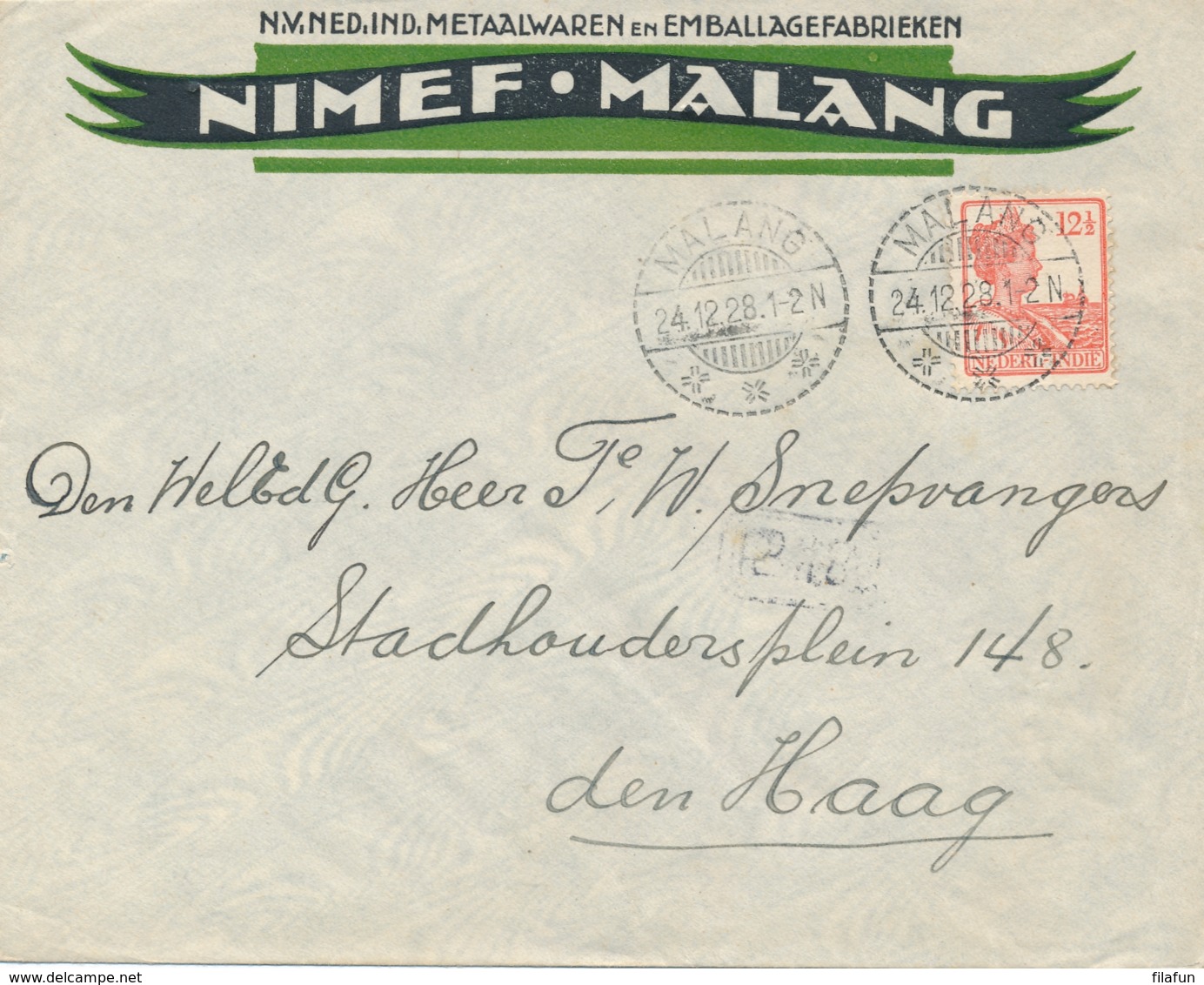 Nederlands Indië - 1928 - 12,5 Cent Wilhelmina Op Business Cover Nimef Van Malang Naar Den Haag - Niederländisch-Indien