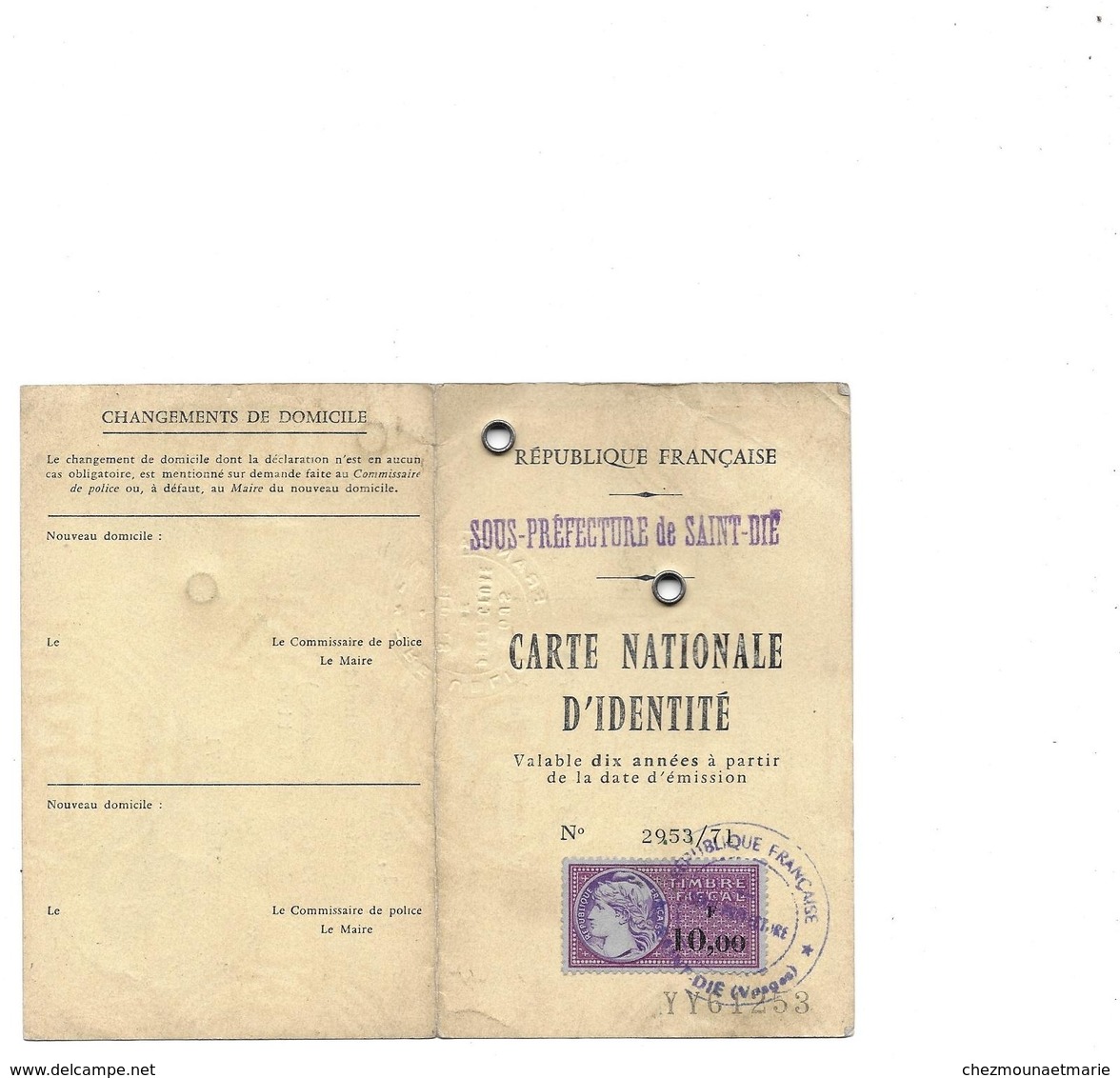 CARTE D IDENTITE 1971 MARIE VVE DIDIER GERMAINE NEE 1897 FRAIZE VOSGES - TIMBRE FISCAL 10 FRCS - Historische Dokumente