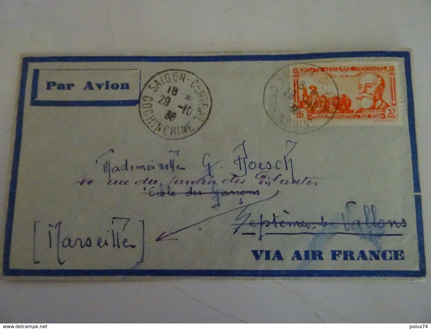 INDOCHINE  Lettre Par Avion  1938 Pour La FRANCE  MARSEILLE - Poste Aérienne