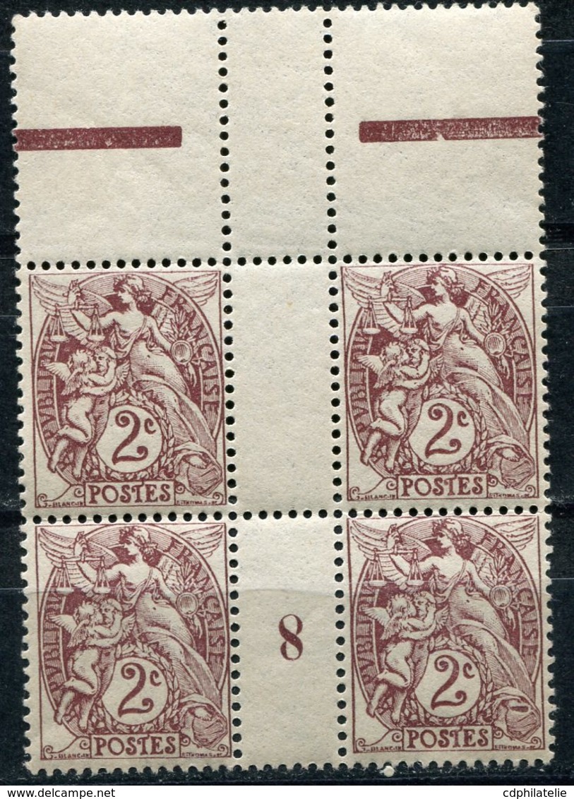 FRANCE N°108 (IB) ** 2 C TYPE BLANC EN BLOC DE 4 AVEC MILLESIME 8 RENVERSE (1908) - 1900-29 Blanc