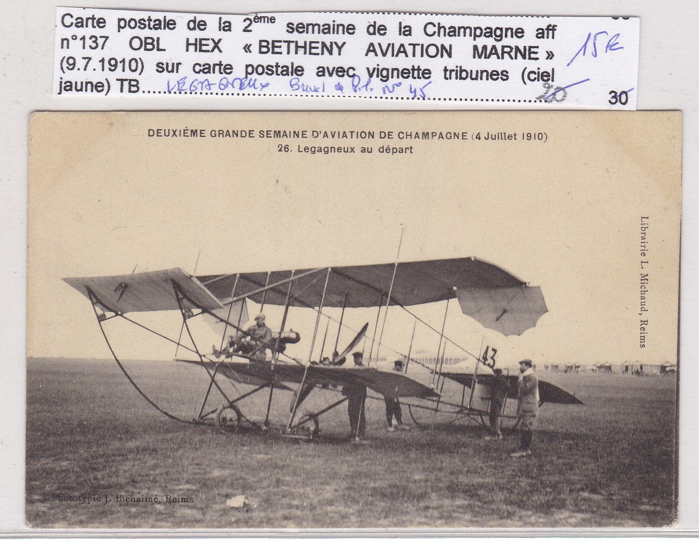 VIGNETTE AVION REIMS BETHENY SUR CP 2EME SEMAINE 9/7/1910 PILOTE LEGAGNEUX. - Aviation