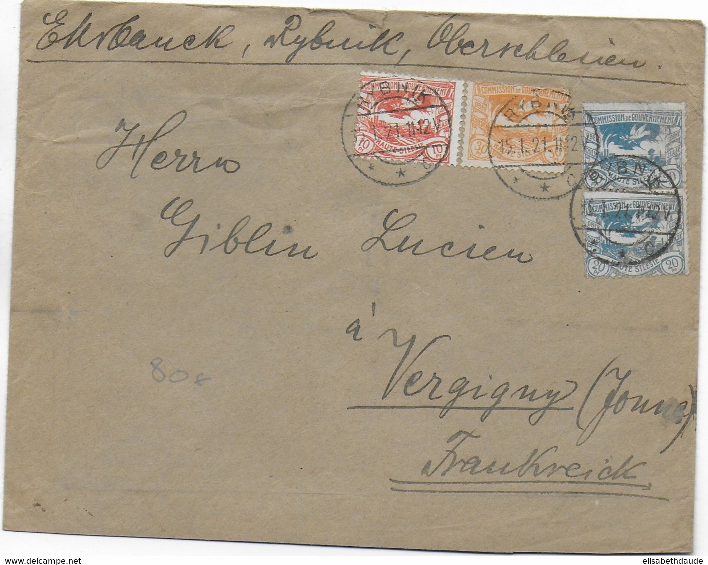 HAUTE SILESIE  - 1921 - SUPERBE AFFR. TRICOLORE Sur ENVELOPPE De RYBNIK ! => FRANCE - Silezië