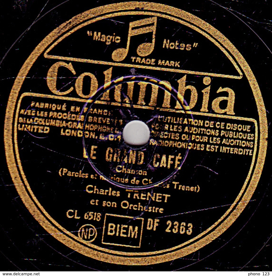 Disque 78 Trs - Columbia DF 2363 - état TB -  CHARLES TRENET -  LE GRAND CAFE - LA POLKA DU ROI - 78 G - Dischi Per Fonografi