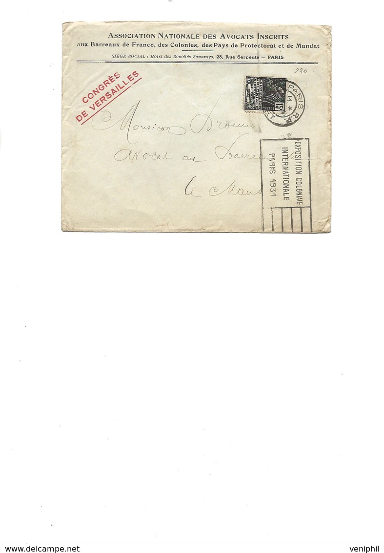 LETTRE AFFRANCHIE N° 270 OBLITERATION FLAMME EXPO COLONIALE INTERNATIONALE PARIS 1931 - Mechanical Postmarks (Advertisement)