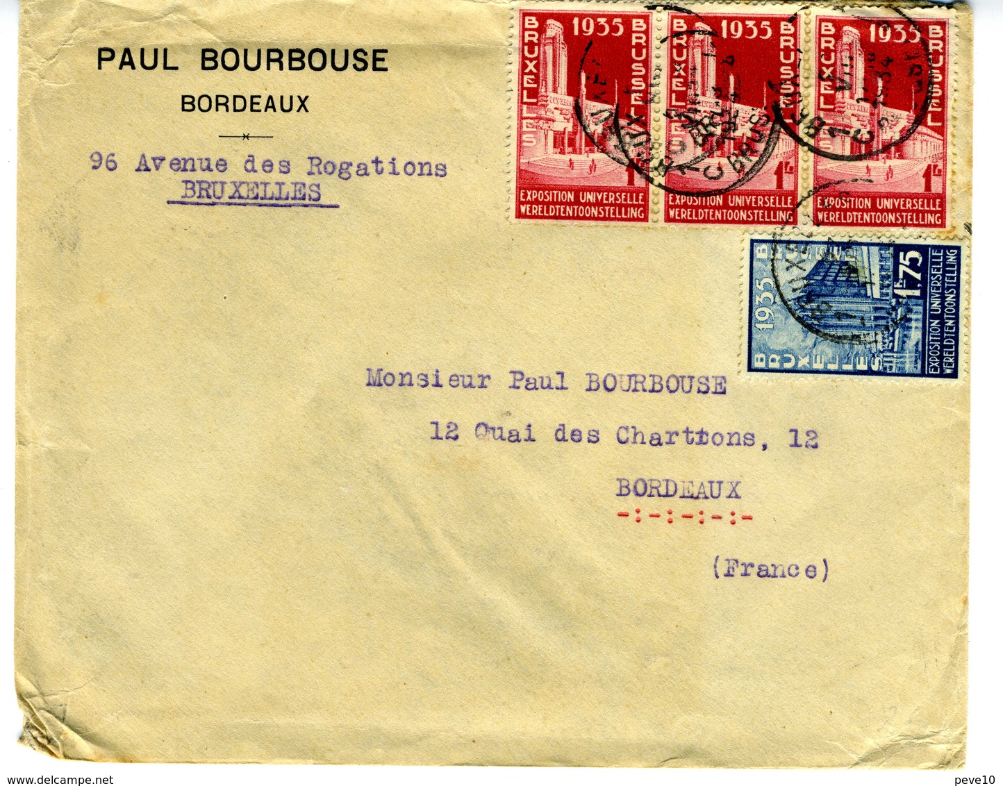 Belmgique N° 387 (x3) +389 Sur Lettre Exposition 1935 +vignette Au Dos - Autres & Non Classés