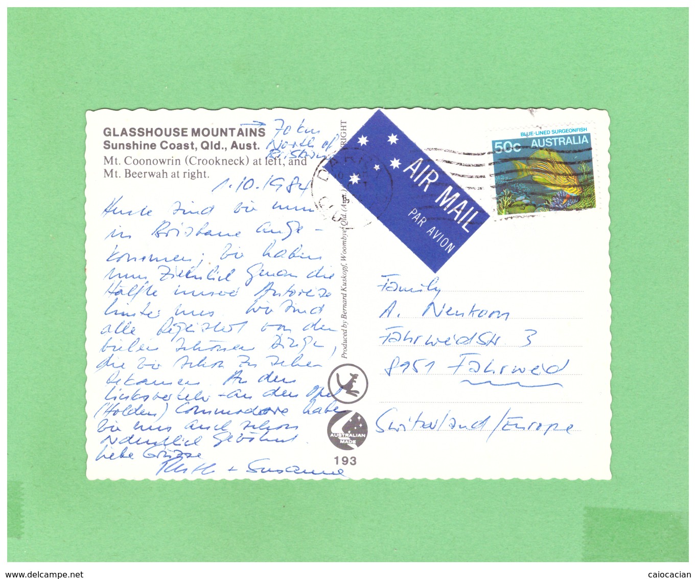 1984 AUSTRALIA QUENSLAND AIR MAIL POSTCARD WITH 1 STAMP TO SWISS - Covers & Documents