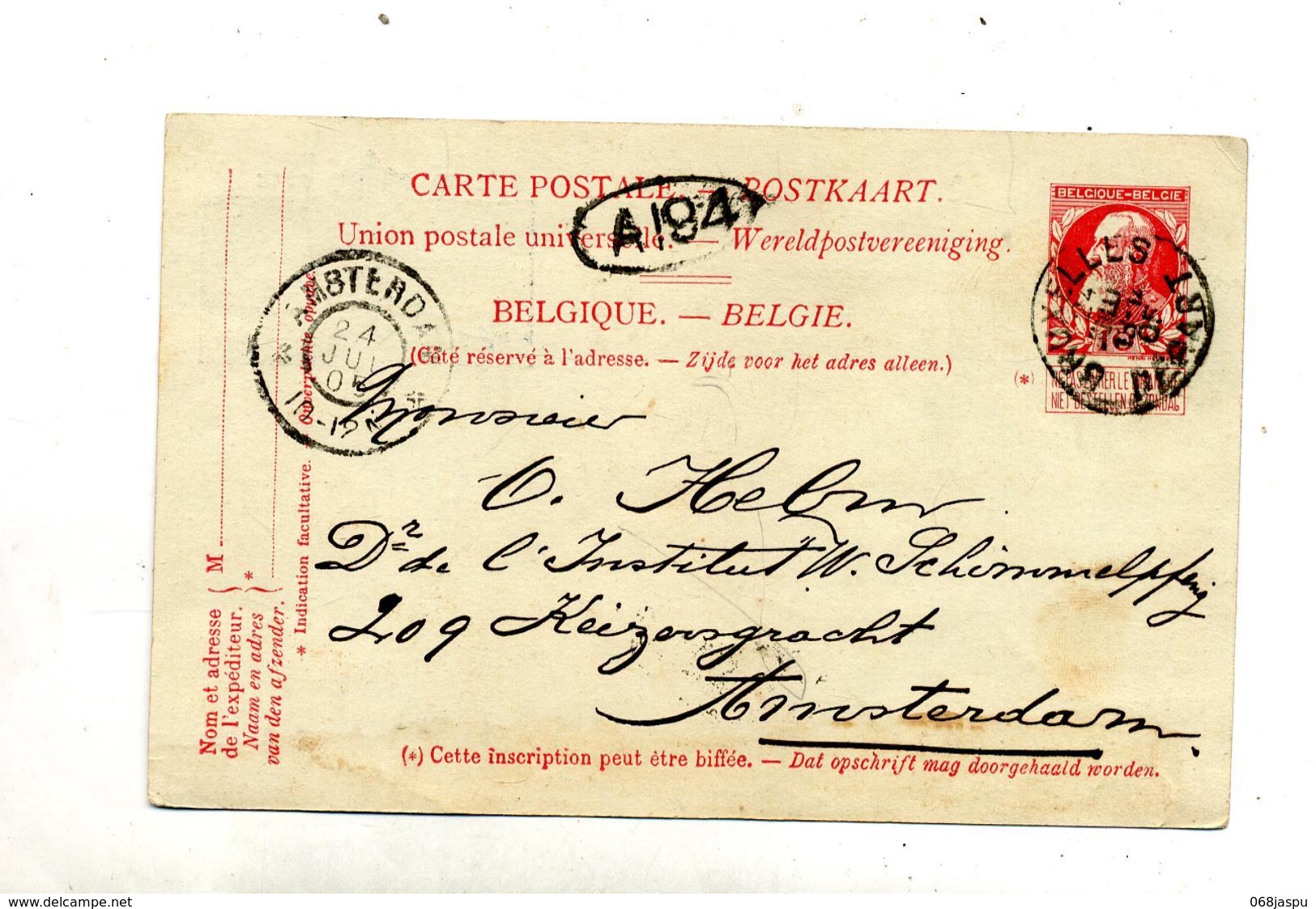 Carte Postale 10 C Roi Cachet Bruxelles Amsterdam + A194 - Postcards 1871-1909